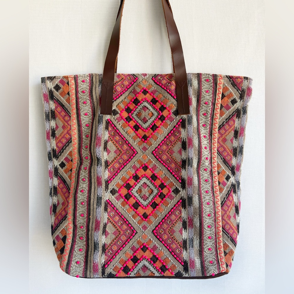 Lovestitch Bohemian Canvas Tote Leather Strap Shoulder Bag Beaded Motif Pink